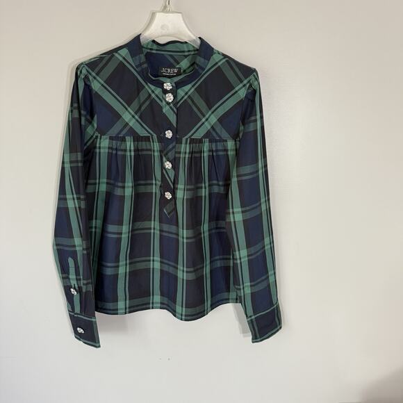J.Crew Womens Fresco Top Rhinestone Buttons Size S Green Tartan Plaid Academia - Picture 4 of 9